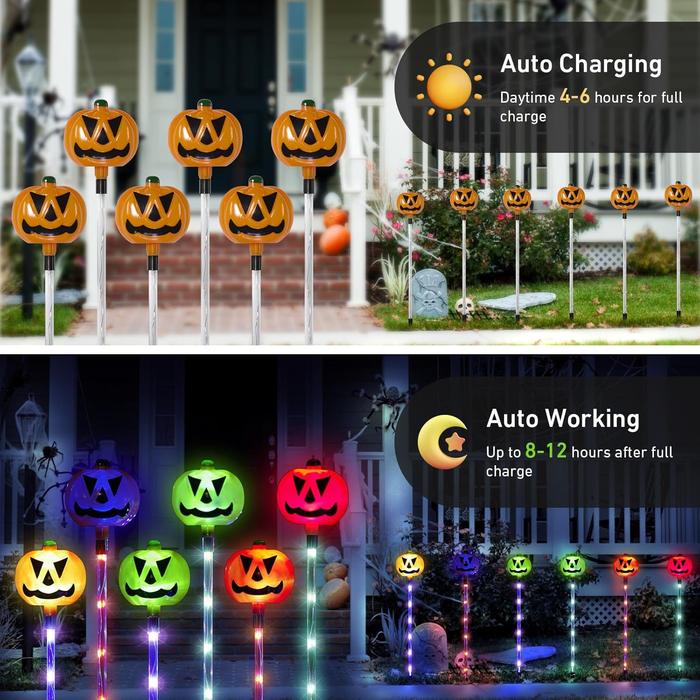 6-Pack Solar Halloween Pumpkin Garden Stake Lights, Solar Halloween Yard Stake Outdoor Waterproof Halloween Lighted Pumpkin Lights