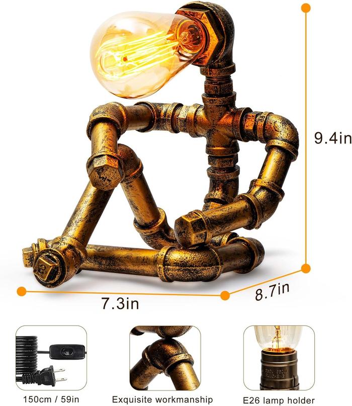 Steampunk Table Lamp, Creative Robot Style Desk Lamp Vintage Industrial Water Pipe Light For Bedside Table Nightstand Bar Restaurant Café