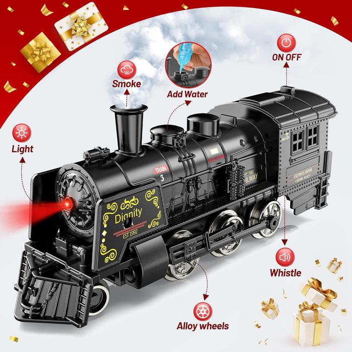 Train Toys with Luxury Tracks and Glowing Passenger, Christmas Train Sets for Around The Tree with Smokes, Lights & Sound