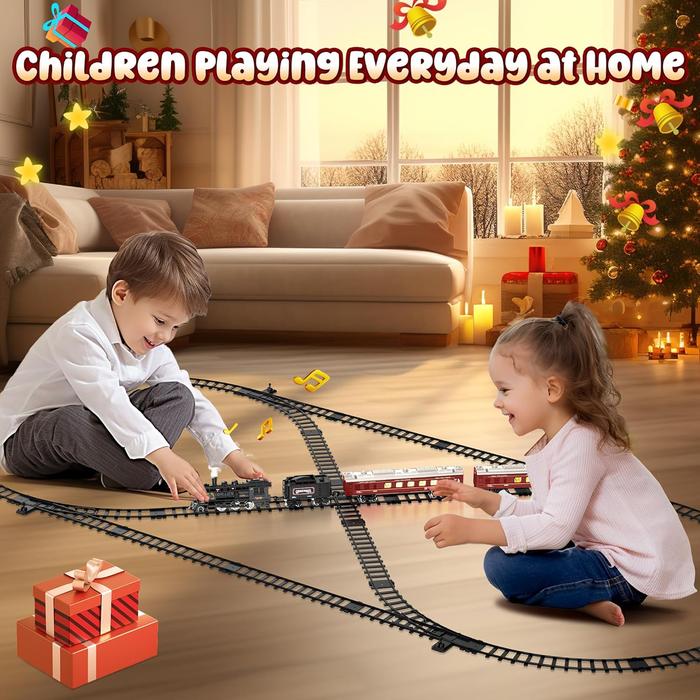 Train Toys with Luxury Tracks and Glowing Passenger, Christmas Train Sets for Around The Tree with Smokes, Lights & Sound