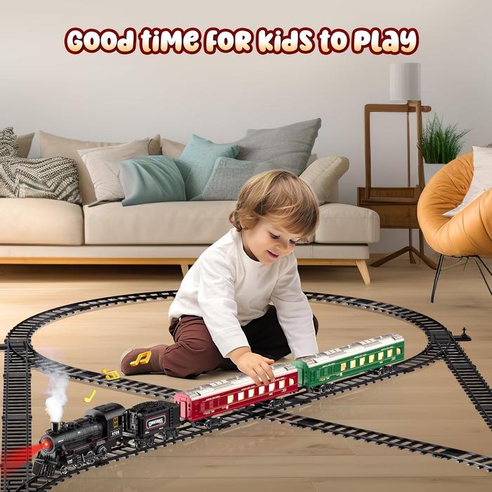 Train Toys with Luxury Tracks and Glowing Passenger, Christmas Train Sets for Around The Tree with Smokes, Lights & Sound