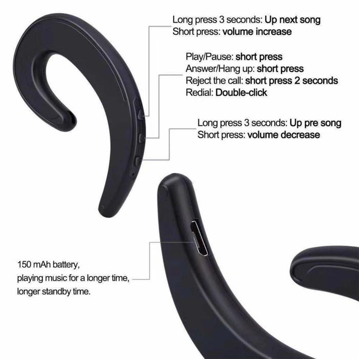Wireless Bone Conduction Bluetooth Earhook with Mic &amp; Noise Cancelling