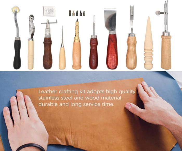 18-Piece Leather Craft Tools Kit - Leather Working Tools for Beginners - DIY Leather Working Essentials