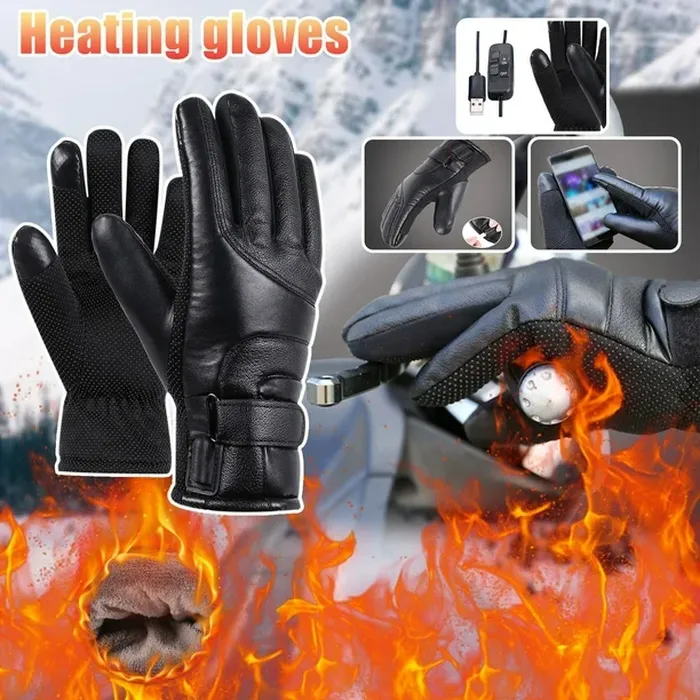 USB Heated Waterproof Leather Gloves for Winter Outdoor Sports
