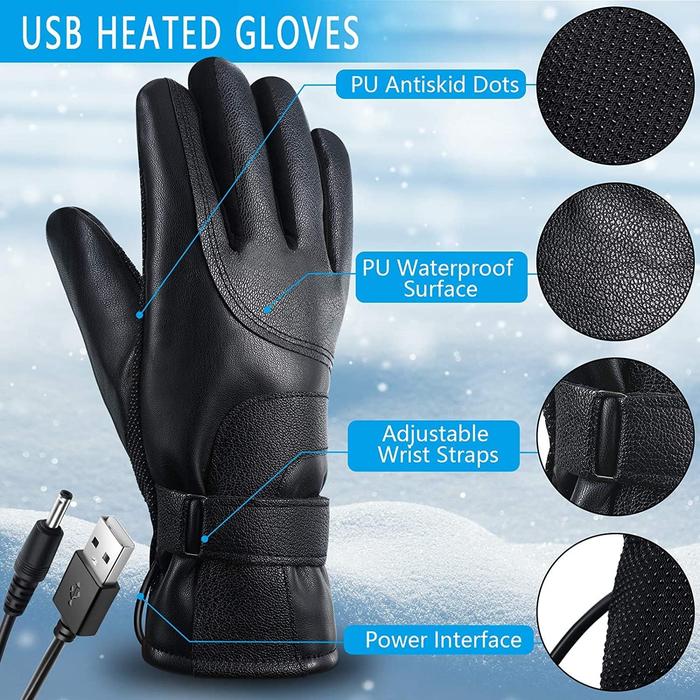 USB Heated Waterproof Leather Gloves for Winter Outdoor Sports