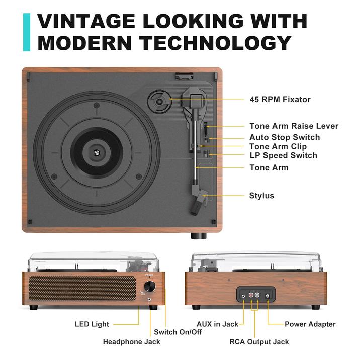 Vintage Record Players for Vinyl with Speakers, Belt-Driven Retro Turntable for Vinyl Records Support 3-Speed