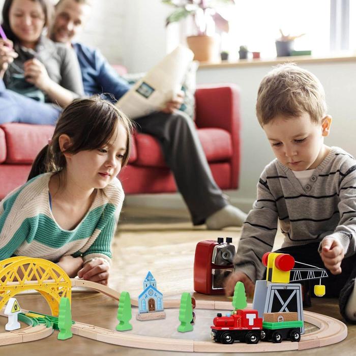 85pcs Wooden Train Set with Crane, Wooden Train Tracks Toy Train Set, Wooden Toys Train Set for Kids