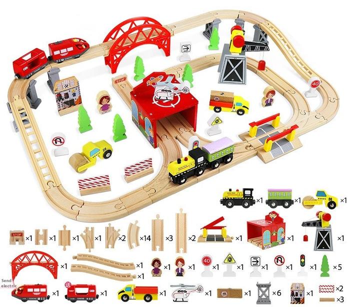 85pcs Wooden Train Set with Crane, Wooden Train Tracks Toy Train Set, Wooden Toys Train Set for Kids